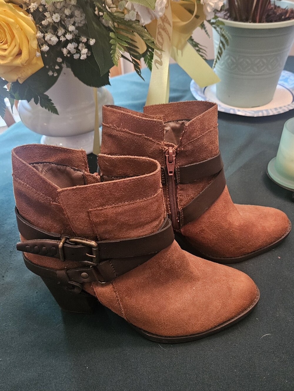 Women's Brown Suede Ankle Booties with Buckle Strap